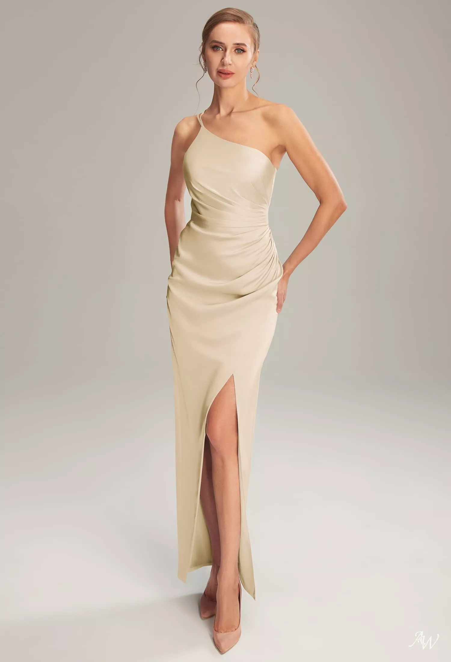 AW Regina Dress, Champagne Crystal Satin Satin Charmeuse Stretch